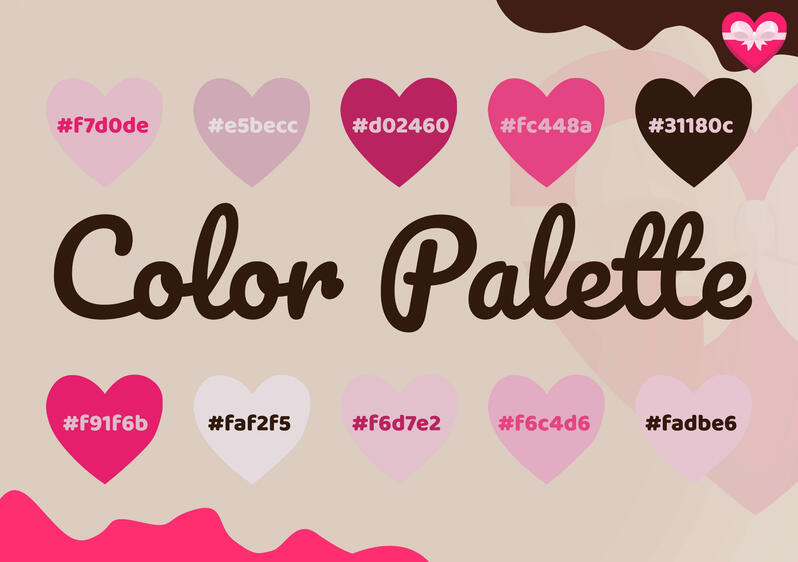 Chobon's Chocolate focuses on couples, giving a special service for their romantic moments. The color palette features warm shades like rich brown and soft pink perfectly capturing the brand’s heartfelt personality.