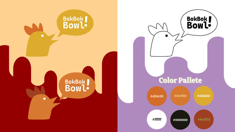 The BokBok Bowl! color palette combines warm and playful tones like mustard yellow (#ddab2d), spicy orange (#d36c28), and earthy brown (#9e3f22) to reflect the savory, bold flavors of chicken rice bowls.